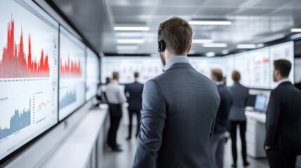 Businessman in headset walking through modern office with large data screens displaying financial charts.