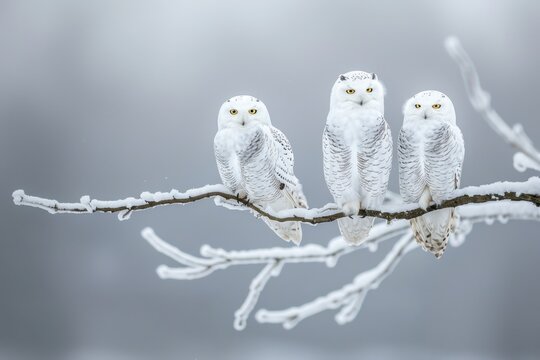 A trio of snowy owls on an icy branch, highlighting their beauty and resilience in the winter setting. Cold natural light. - Powered by Adobe