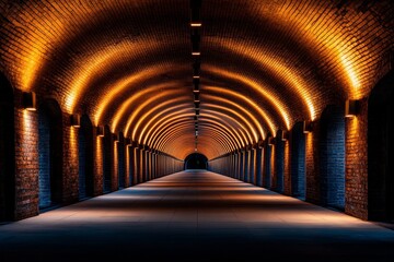 Obraz premium A long brick tunnel is beautifully illuminated by warm orange lights, creating a mesmerizing space that evokes feelings of mystery and exploration in travelers.