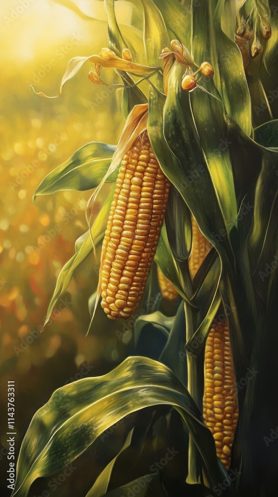 Poster close-up view of ripe corn cobs hanging on a stalk illuminated by warm sunlight in a field