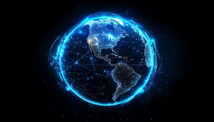 Obraz premium Worldwide business connections, 3D illustration of a globe with digital data lines, information transfer across borders, interconnected global network, vibrant and modern