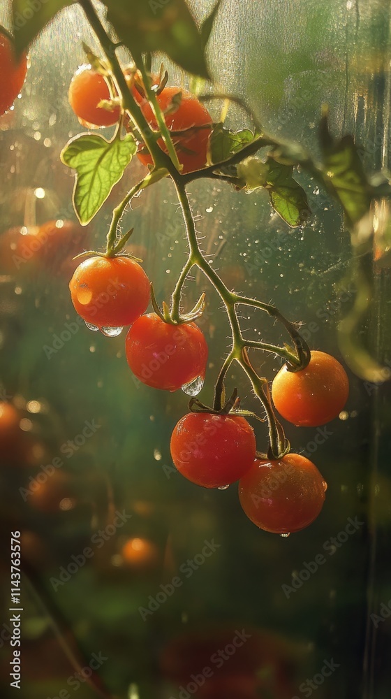 Poster close-up view of ripe tomatoes on the vine glistening in the sunlight in a lush garden setting