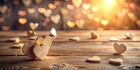 Wooden Hearts on Rustic Table with Warm Bokeh Background
