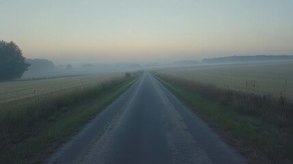 Fototapeta premium A serene country road leads into the misty early morning horizon, surrounded by farmland and gentle mist, inviting exploration