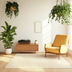Bright and Airy Living Room with Modern Furniture, Green Plants, and Natural Light Highlighting a Minimalist Aesthetic for Cozy Home Spaces