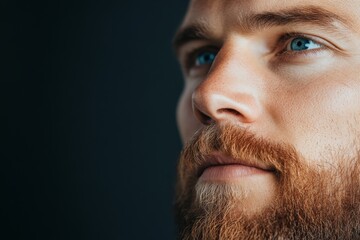 Obraz premium Intimate close-up of a bearded man's face in contemplative expression, emphasizing his deep blue eyes and the texture of his facial hair against a dark background.
