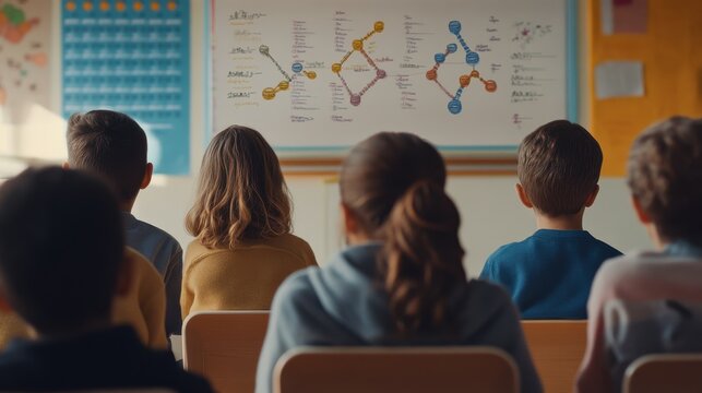 Children engaged in a classroom learning activity while observing an educational poster on the wall during a lesson on science concepts