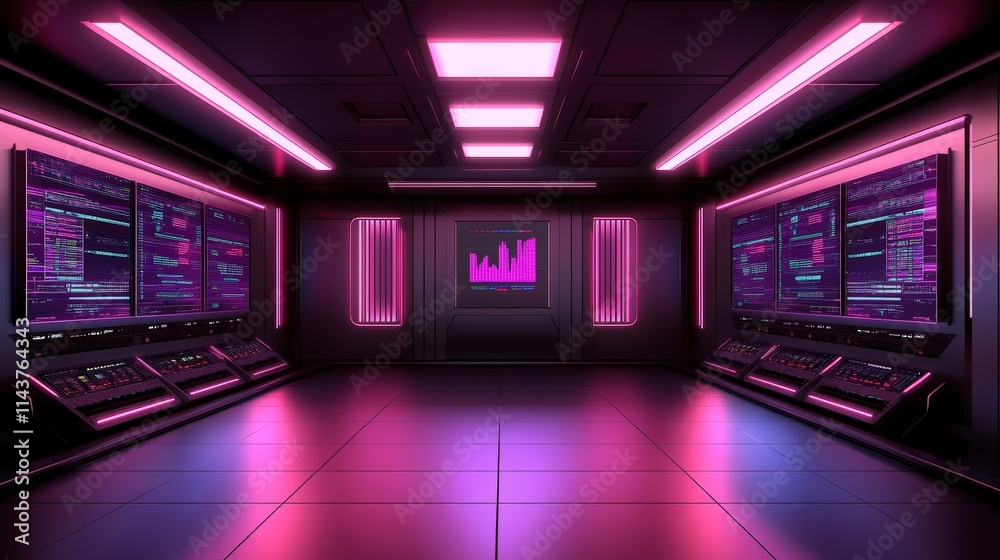 Poster a futuristic command center glows with teal light from multiple screens displaying complex data and 