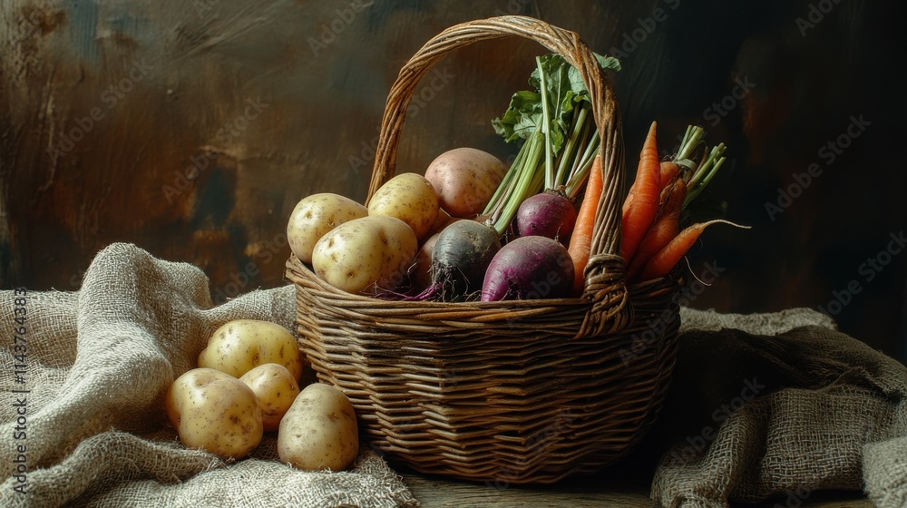 Poster a woven basket brimming with fresh root vegetables like carrots and potatoes on a rustic table in a 