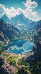 Obraz premium Aerial view of a crystal-clear lake surrounded by majestic mountains during a bright sunny day