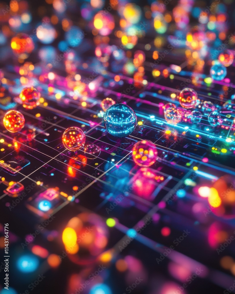 Poster A colorful visual representation of the periodic table showcasing elements in vibrant spheres and interconnected lines
