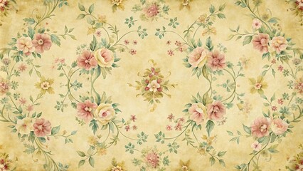 Elegant Vintage Floral Pattern with Pastel Roses and Delicate Vines on Antique Paper Texture