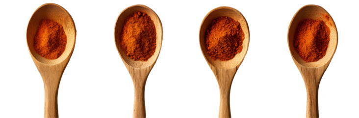 Wooden Spoons Filled with Red Spice Powder, Isolated on White Background