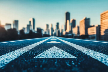 Photo Asphalt Road Symbolism, Long, asphalted road with upward arrows. Symbolizes growth, development, success. Ideal for themes of progress, ambition, and continuous improvement.	