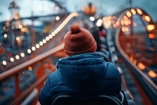 A person wearing a beanie seen from behind, embarking on a thrilling rollercoaster ride at a theme park, with illuminated tracks setting the adventurous mood.
