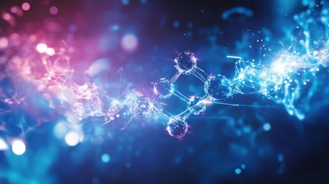 Detailed visualization of molecular bonding structures in an abstract, ethereal environment showcasing vibrant blue and pink elements