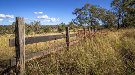 Fototapeta premium A wide-angle view of a rustic wooden fence surrounded by tall grass and trees on a sunny day in the countryside