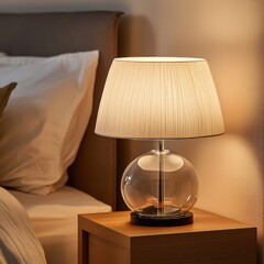A modern bedside table lamp with a glass globe shaped base