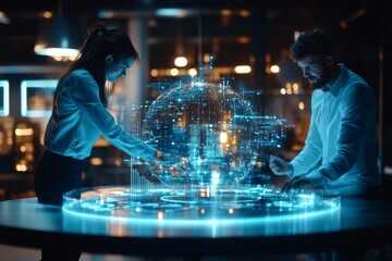 Two people engage with a glowing 3D holographic globe, showcasing the convergence of technology and human creativity and symbolizing advanced digital exploration.