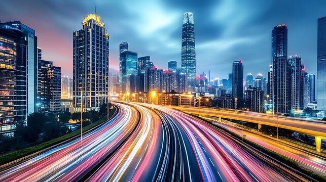 Modern City Highway at Night. Concept of urban life, progress, and technology.