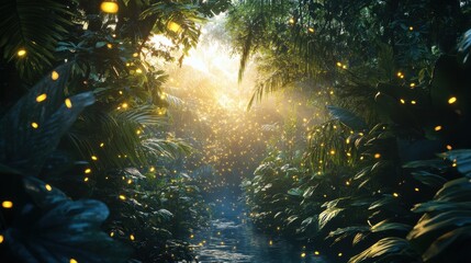A serene twilight moment in a lush jungle filled with glowing fireflies and vibrant foliage along a peaceful stream