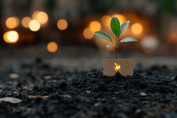 A young plant sprouting from fertile soil signifies growth and renewal, illuminated by warm light, conveying a sense of hope and new beginnings.