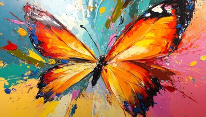 Colorful butterfly abstract painting, splashes of vivid paint, dynamic wings, fluid brushstrokes, creative expression on canvas, vibrant and modern design