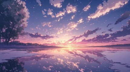 Serene sunset over calm lake, reflecting vibrant sky with clouds and shooting stars.