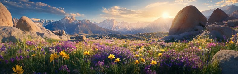 Fototapeta premium Breathtaking sunrise over wildflowers and rocky formations in the Alabama Hills, showcasing nature's beauty and tranquility