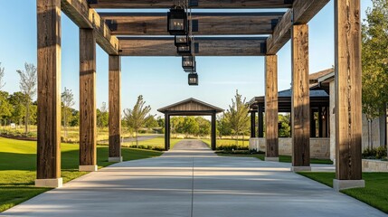 Sunlit pathway under wooden pergola with hanging lanterns.