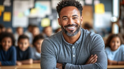Fototapeta premium Smiling teacher with students in a classroom setting.