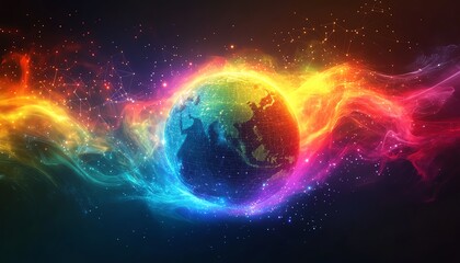 Obraz premium Global business concept 3D illustration, interconnected globe with flowing information transfer lines, digital connections across continents, vibrant colors, futuristic design