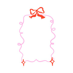 Whimsical coquette frame with bow and curly garland. Whimsical border pink coquette style. Vector illustration