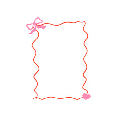 Whimsical coquette frame with bow and curly garland. Whimsical border pink coquette style. Vector illustration