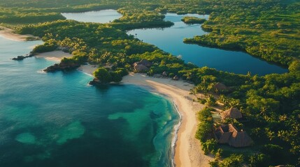 Obraz premium Tropical Beach Paradise: An Aerial View of a Secluded Coastal Oasis