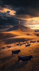 Chimney Rock National Park at dusk with grazing cows against dramatic sky and towering rock formation