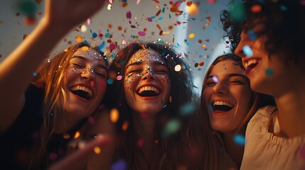 Obraz premium Group of friends celebrating with confetti and laughter symbolizing joy for a new chapter