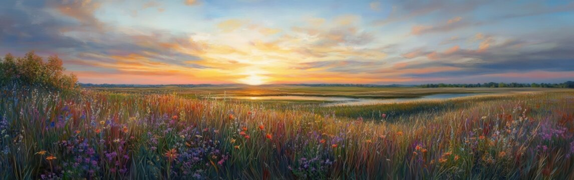 A breathtaking view of the tallgrass prairie at sunset showcasing vibrant wildflowers and serene waters under a dynamic sky