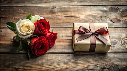 Romantic gift presentation with roses on rustic wood