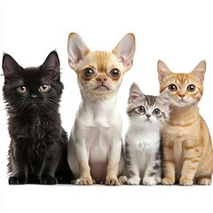 Photo, three small dogs and two cats, standing side by side, facing the camera, white background