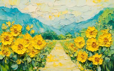 Oil painting of a sunflower field, impressionist technique with bright yellow sunflowers and lush green, textured brushstrokes, capturing the warmth of nature