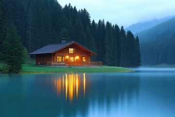 Serene Lakeside Cabin Retreat in the Twilight Hours of the Dolomites