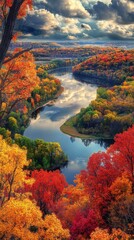 Obraz premium Breathtaking panorama of fall foliage reflecting in a winding river under dramatic clouds