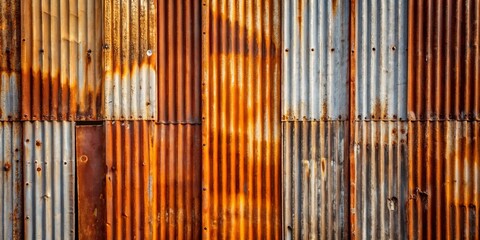 Obraz premium Rustic Corrugated Metal Wall Texture Oxidized Steel Panels with Varied Degrees of Rust and Patina