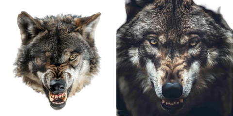  Scary wolf front view isolated on a white background. Generative AI.
