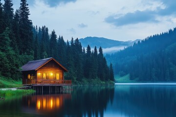 Fototapeta premium Secluded Lakeside Cabin Retreat in the Tranquil Misty Mountains at Dusk