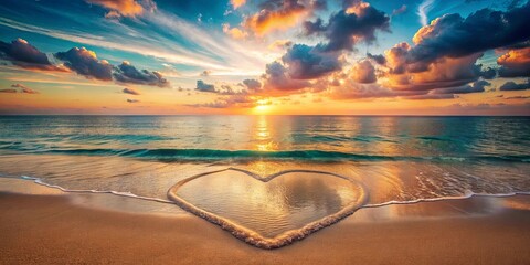 Ocean sunset beach scene with heart shaped wave imprint in the sand