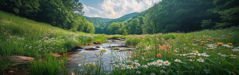 Obraz premium A breathtaking panorama of the Monongahela River landscape showcasing vibrant wildflowers and lush greenery during a sunny afternoon