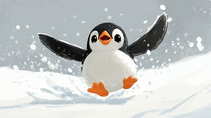A cheerful penguin playfully sliding through the snow.