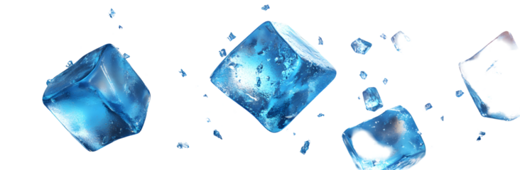 Collection of Ice Cubes Falling, Shattering, Isolated on Transparent Background